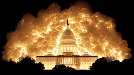 Obraz premium Capitol Building Illuminated Amidst Fiery Cloudscape