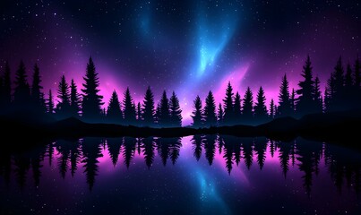 Naklejka premium Ethereal Northern Lights illuminating a tranquil landscape, casting a romantic glow over serene wilderness and starry night sky.