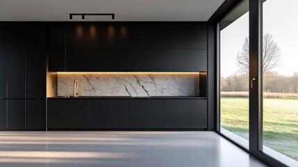 A minimalist kitchen with deep black cabinets, a marble backsplash, and warm brass lighting