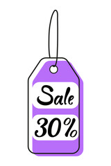 Sale tag featuring a discount of 30 percent with a vibrant purple design