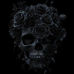 Dark Skull Adorned with Black Roses: A Gothic Illustration