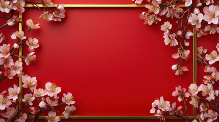 A red background framed by cherry blossoms, ideal for invitations or seasonal decor.