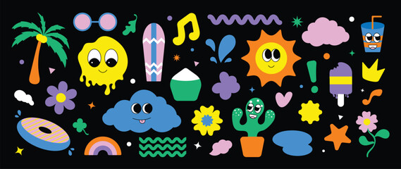 Set of funky groovy element vector. Collection summer of cartoon characters, cute doodle dawn, sparkle, cloud, sun, ice cream, coconut tree, surfboard, flower. Design for decorative, sticker, kids.