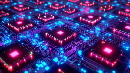 Obraz premium 3D Rendered Circuit Board Shows Complex Electronic Components with Pink and Blue Lights