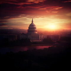 Obraz premium Capitol Building Stands Majestically at Sunset with Dramatic Clouds and Cityscape.