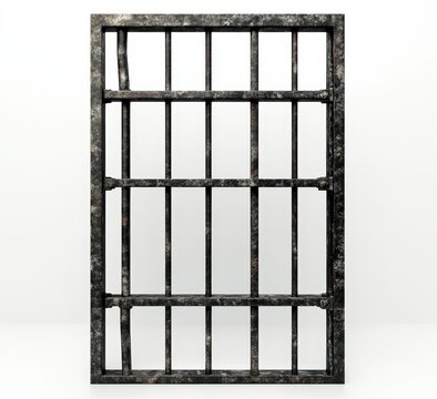 Rusty metal prison window bars isolated on white.