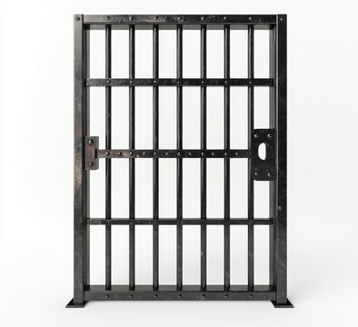 Metal jail cell door isolated on white.
