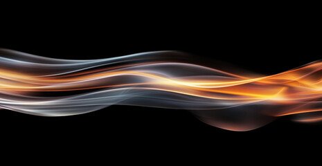 abstract flowing light waves in orange and silver on black background