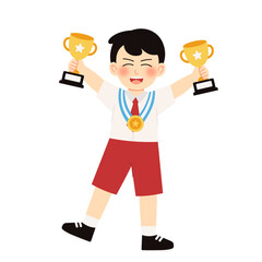 Student Won Medal & Throphy 2 Boy Celebrating with Trophy