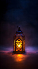 Ornate Lantern Glows Warmly in a Mystical, Smoky Ambiance at Night