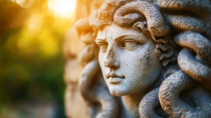 Fototapeta premium Medusa Sculpture with Serpents Captured in Golden Hour Light at Outdoor Location