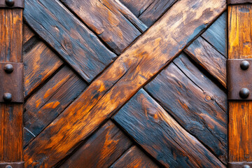 Textured Wooden Cross Pattern Door with Rustic Brown Finish and Metal Rivets