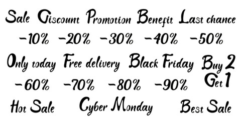 Discounts, promotions, and sales signs indicating offers and deals for shopping events