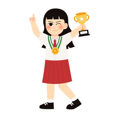 Student Won Medal & Throphy 2 Girl Holding Trophy