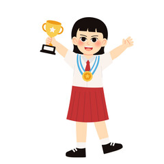 Student Won Medal & Throphy 2 Girl Holding Trophy and Medal