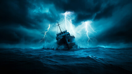 Dramatic Stormy Sea with Ship Under Lightning and Turbulence in Dark Sky