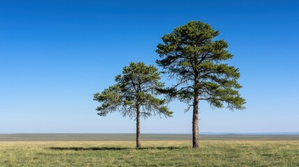Obraz premium Two Pine Trees on a Grassland