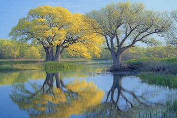 Obraz premium Spring trees reflected in calm lake, peaceful nature scene, idyllic landscape