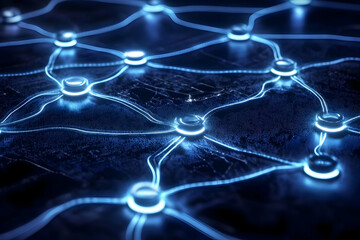 Abstract 3D Network Illustration Shows Interconnected Nodes with Glowing Blue Lines on Dark Background.