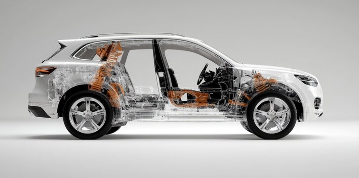 Car X-ray: disassembled car parts, transparent body, automotive engineering, suspension design, technological elements, interior design, innovative solutions, car mechanics, high technology.