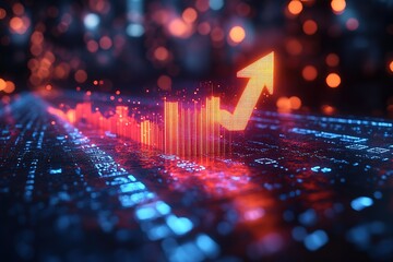 Upward trending data graph with glowing arrow, depicting growth and success in a digital landscape.