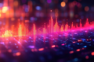 Abstract cityscape of glowing data streams and vibrant digital architecture.  A futuristic, technology-driven visualization.