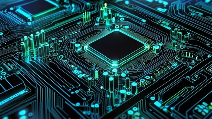Fototapeta premium Neon-Lit Computer Motherboard with Circuit Tracks and Chips