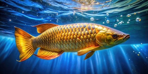 Fototapeta premium Stunning Golden Arowana or Dragon Fish Swimming Gracefully Against a Vibrant Blue Backdrop - High Depth of Field Photography
