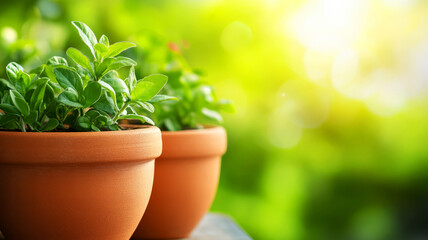 Fototapeta premium Fresh Green Plants in Terracotta Pots Against a Beautiful Bright Garden Background