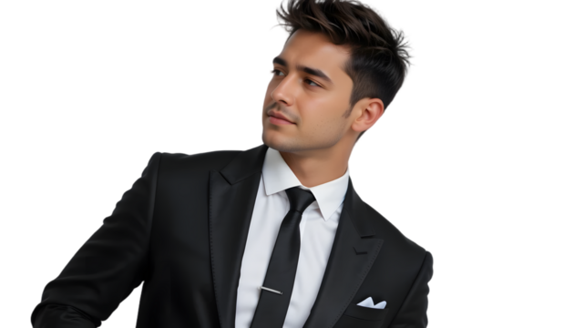 Handsome man in black suit looking away.