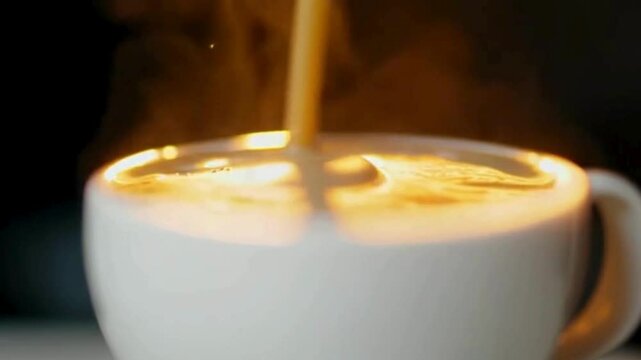 4K video of coffee being poured  
   Close-up of a hand pouring hot coffee from a French press into a white ceramic cup. Warm steam billows out slowly.