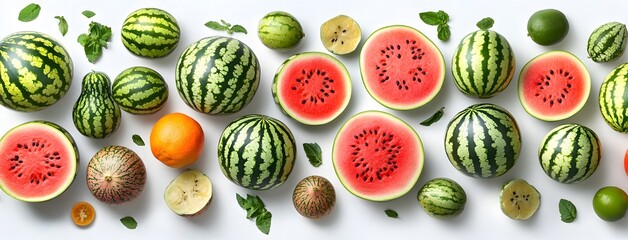 Assorted Watermelons And Other Summer Fruits Arranged On White Background