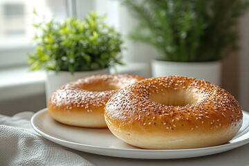 Two sesame seed bagels on a white plate, next to potted plants. A delicious breakfast or brunch treat.
