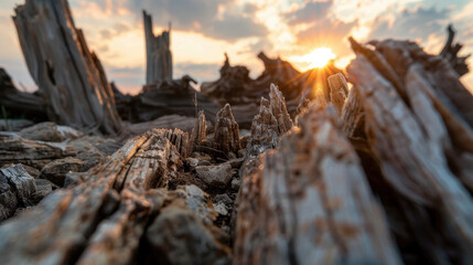 haunting low angle shot of towering tree stumps against sunset