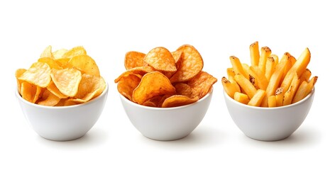 Three bowls of crispy potato snacks chips and fries