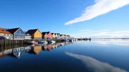 Fototapeta premium Scenic waterfront with colorful houses and calm water reflections.