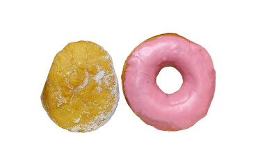 Delicious and Colorful Donuts Next to Each Other, One Yellow Powdered and One Pink Frosted.