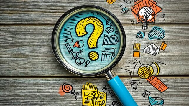 Brightly colored magnifying glass over sketches on wooden surface exploring creative ideas and concepts