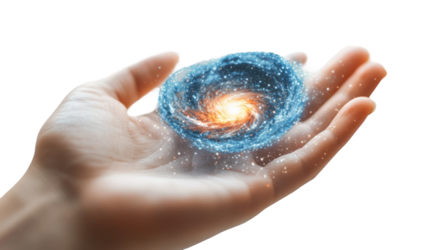 Hand holds a swirling galaxy, showcasing the concept of cosmic wonder and creativity isolated on transparent background