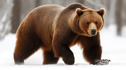 Obraz premium Majestic brown bear walking in snowy forest.