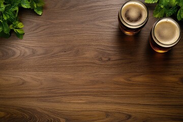 A rustic wooden table with two frothy beer glasses and fresh green hops in the corners, perfect for beer-related promotions, pub menus, or brewery branding