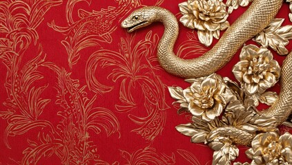 Obraz premium Luxurious Chinese New Year design featuring a golden snake entwined with ornate golden flowers and patterns on a rich red backdrop, symbolizing wealth and prosperity. Perfect for festive invitations