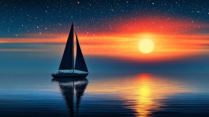 Fototapeta premium Solitary sailboat silhouetted against a vibrant sunset and starry night sky