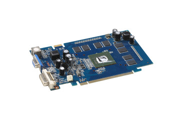 Detailed View of a Computer Graphics Card Featuring Circuitry, Capacitors, and Cooling Components.
