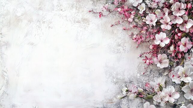 Pink Blossom Frame: Delicate pink cherry blossoms arranged artfully on a textured background, creating a charming frame perfect for springtime announcements or romantic designs.  