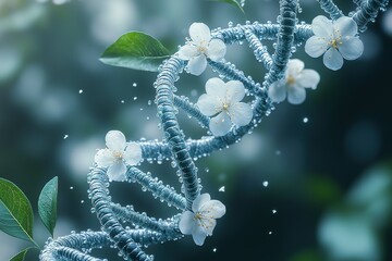 DNA strand entwined with delicate blossoms, symbolizing the beauty of life's genetic code.