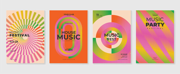 Summer music poster design background vector set. Electro Sound Cover template with vibrant abstract gradient geometric shape, line wave. Design for social media, party, music festival.
