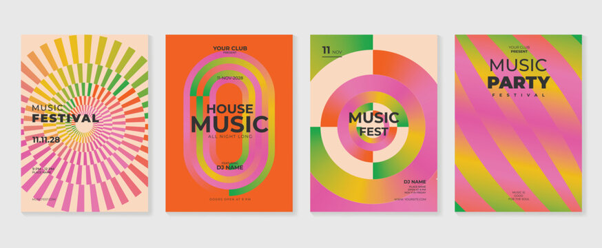 Summer music poster design background vector set. Electro Sound Cover template with vibrant abstract gradient geometric shape, line wave. Design for social media, party, music festival.