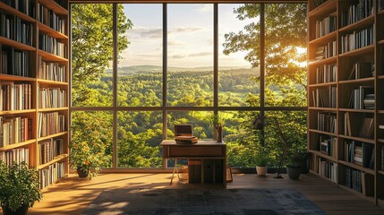 Cozy Home Office Library with Scenic View of Nature