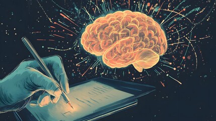 A glowing brain inspires creative writing on a tablet